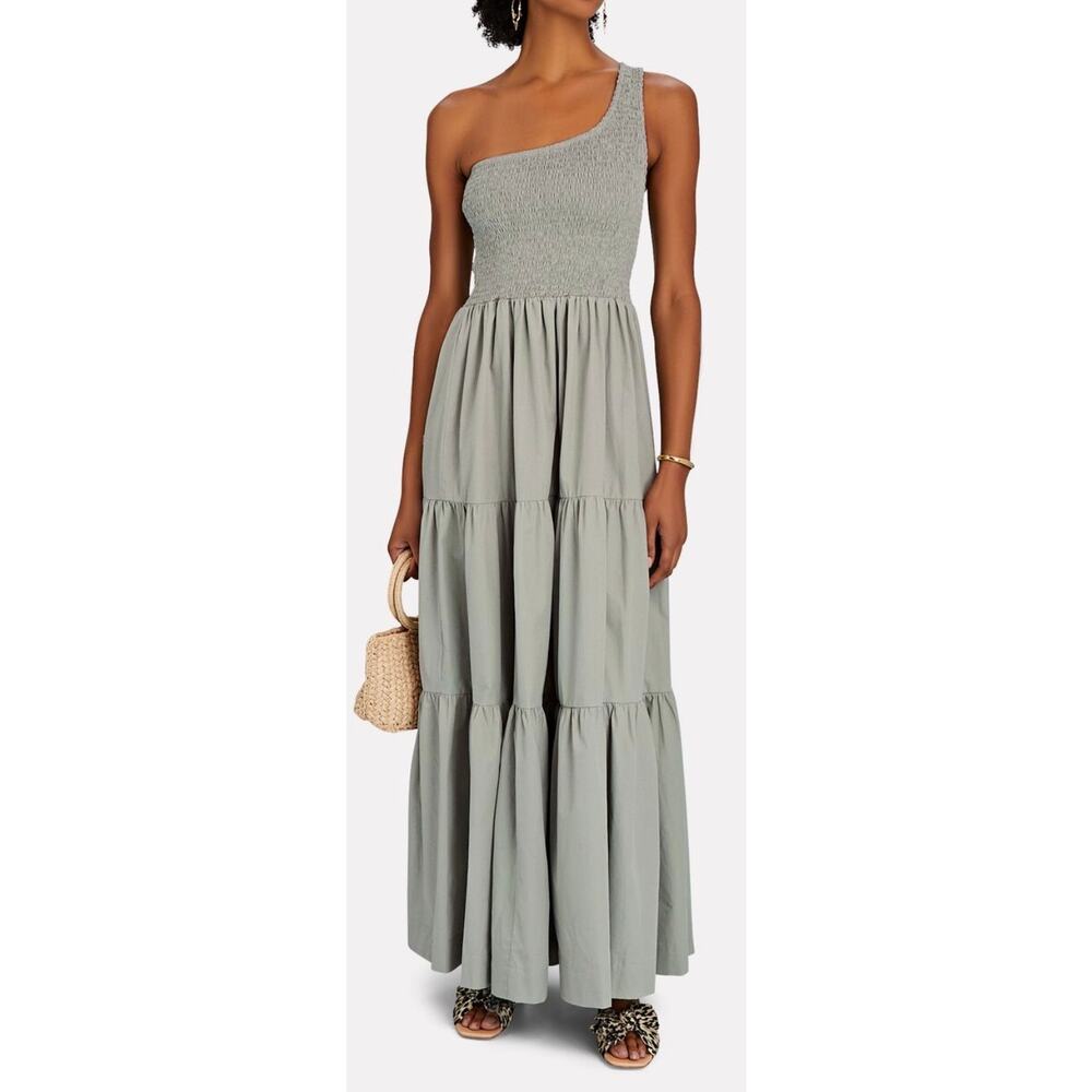 SWF x Revolve Smocked One Shoulder Maxi Dress Womens L Light Green Tiered Cotton